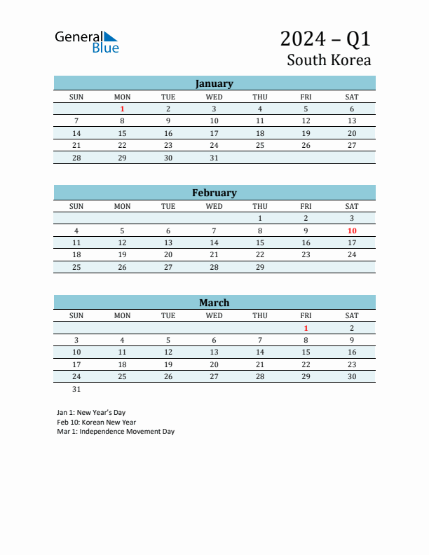 Three-Month Planner for Q1 2024 with Holidays - South Korea