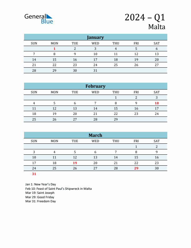 Three-Month Planner for Q1 2024 with Holidays - Malta