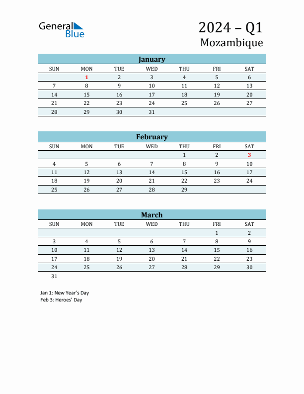 Three-Month Planner for Q1 2024 with Holidays - Mozambique