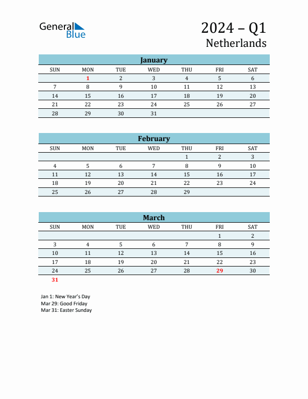 Three-Month Planner for Q1 2024 with Holidays - The Netherlands