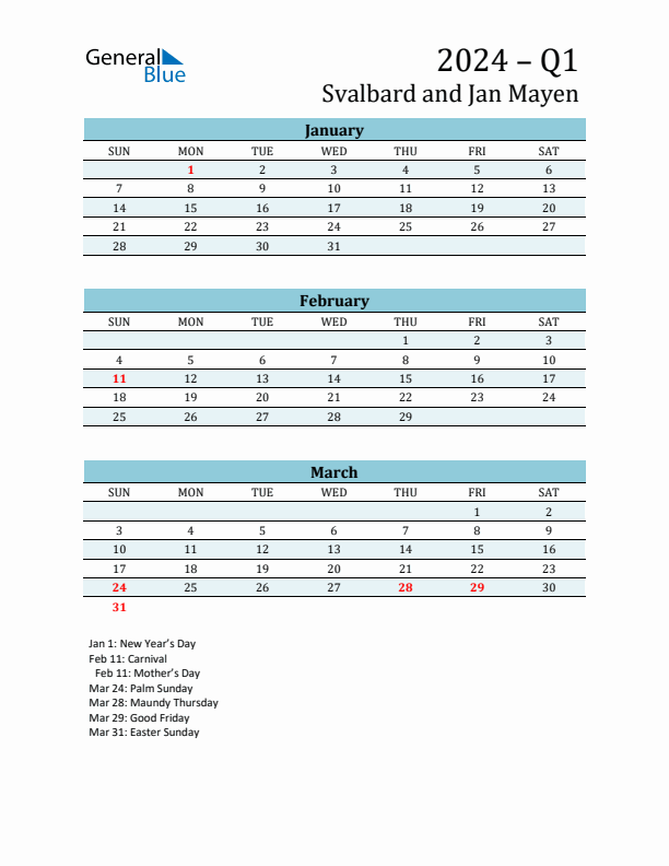 Three-Month Planner for Q1 2024 with Holidays - Svalbard and Jan Mayen