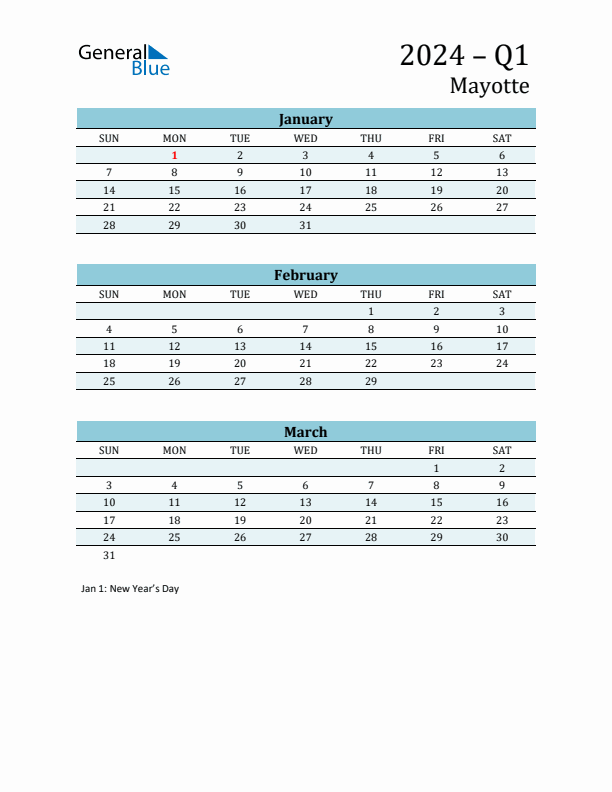 Three-Month Planner for Q1 2024 with Holidays - Mayotte