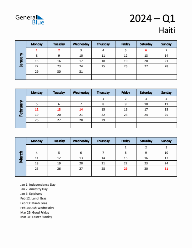 Free Q1 2024 Calendar for Haiti - Monday Start