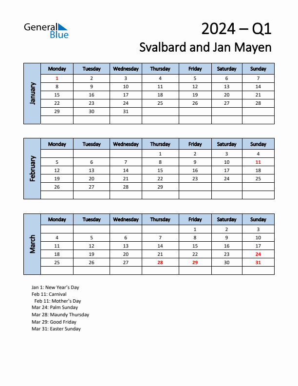 Free Q1 2024 Calendar for Svalbard and Jan Mayen - Monday Start