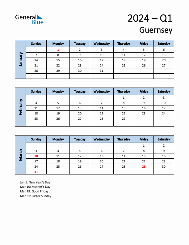 Free Q1 2024 Calendar for Guernsey - Sunday Start