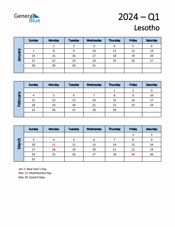 Free Q1 2024 Calendar for Lesotho - Sunday Start