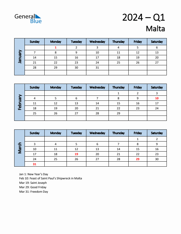 Free Q1 2024 Calendar for Malta - Sunday Start