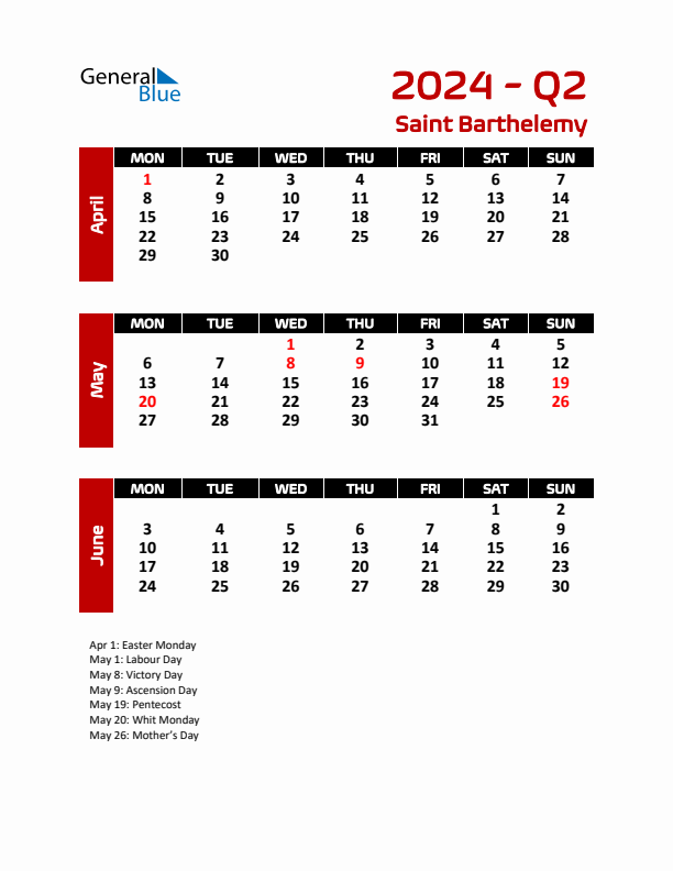 Q2 2024 Calendar with Holidays in Saint Barthelemy