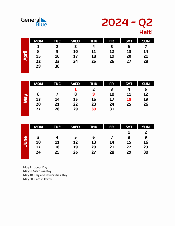 Q2 2024 Calendar with Holidays in Haiti