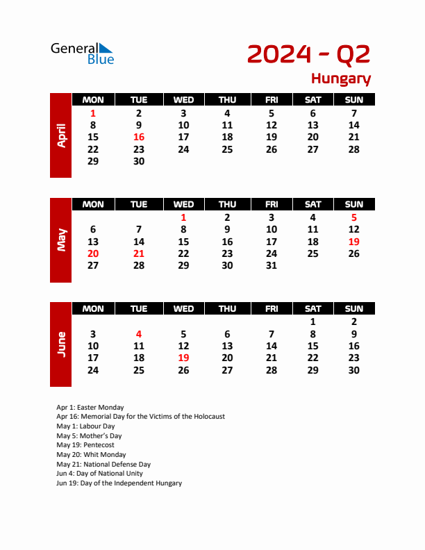 Q2 2024 Calendar with Holidays in Hungary