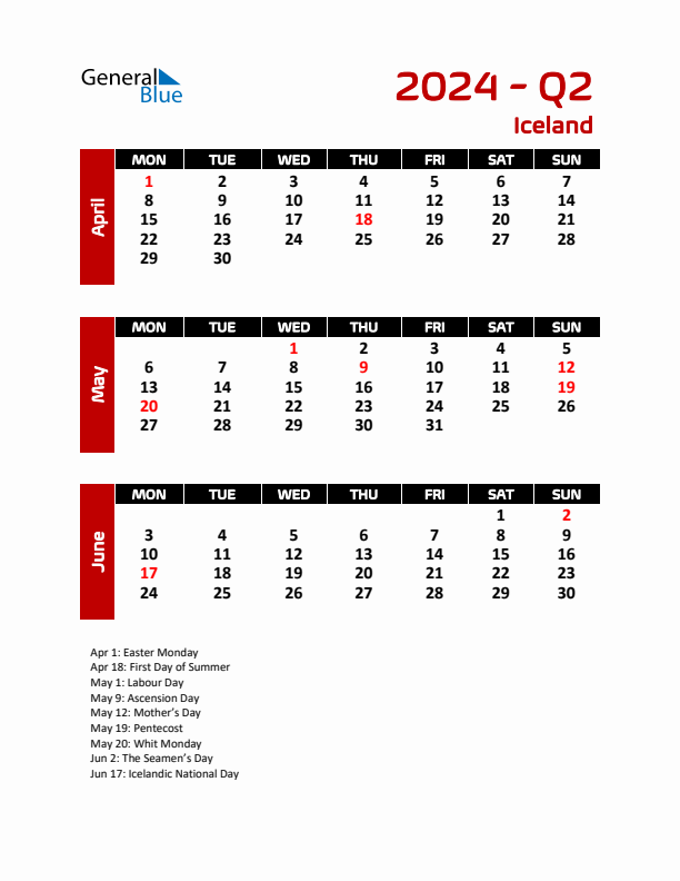 Q2 2024 Calendar with Holidays in Iceland