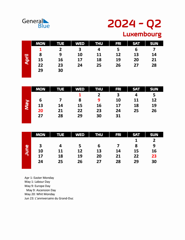 Q2 2024 Calendar with Holidays in Luxembourg