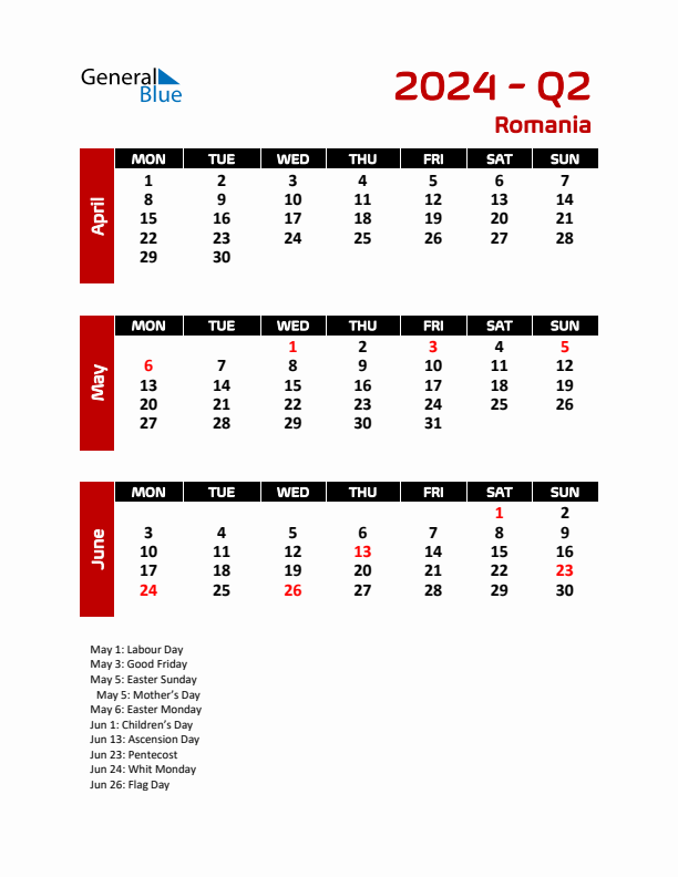 Q2 2024 Calendar with Holidays in Romania