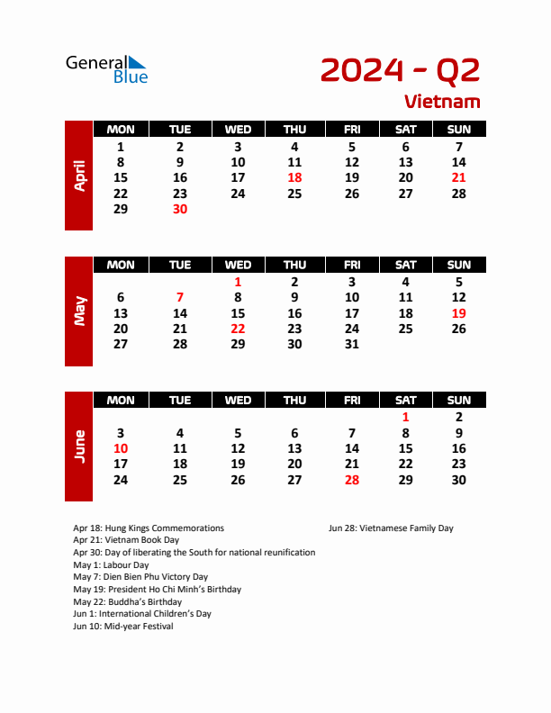 Q2 2024 Calendar with Holidays in Vietnam