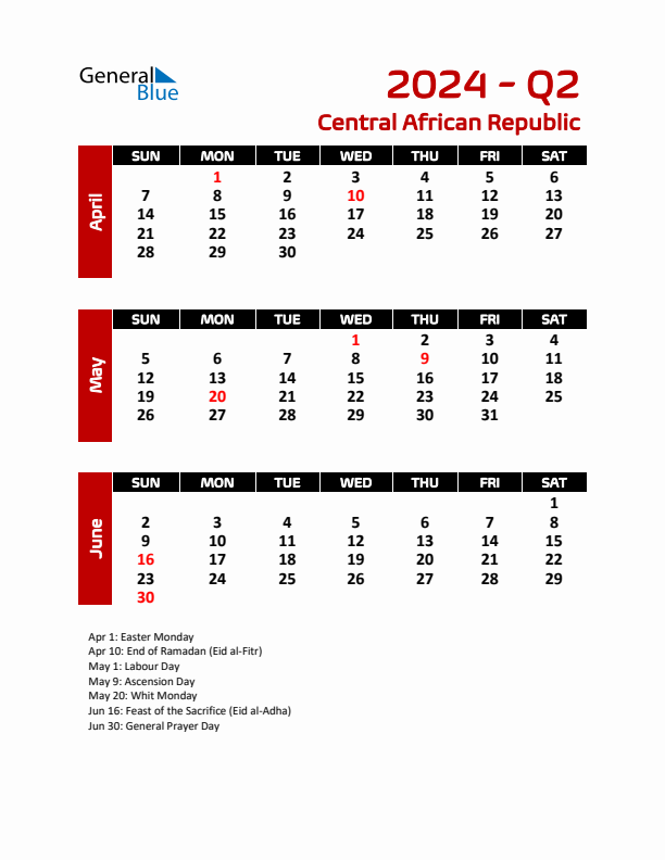 Q2 2024 Calendar with Holidays in Central African Republic