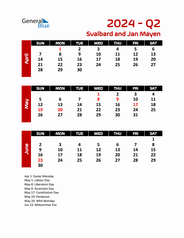 Q2 2024 Calendar with Holidays in Svalbard and Jan Mayen