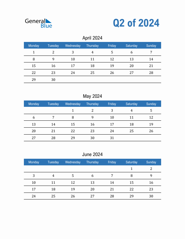 Fillable Quarterly Calendar for Q2 2024