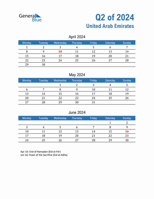 United Arab Emirates Q2 2024 Quarterly Calendar with Monday Start