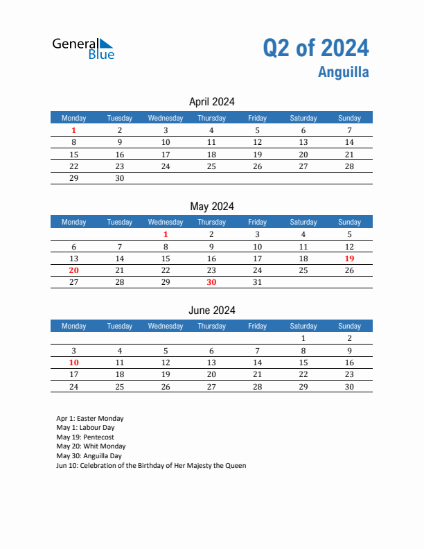 Anguilla Q2 2024 Quarterly Calendar with Monday Start