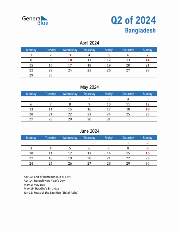 Bangladesh Q2 2024 Quarterly Calendar with Monday Start