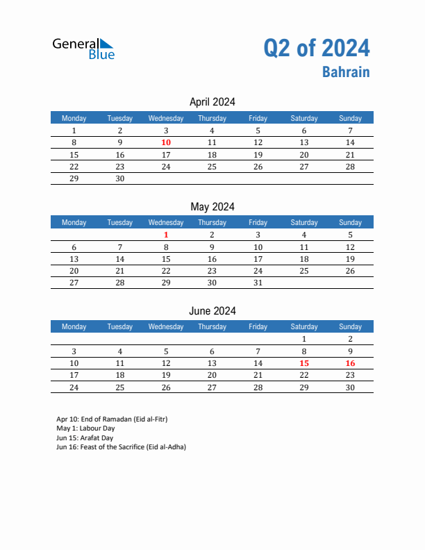 Bahrain Q2 2024 Quarterly Calendar with Monday Start