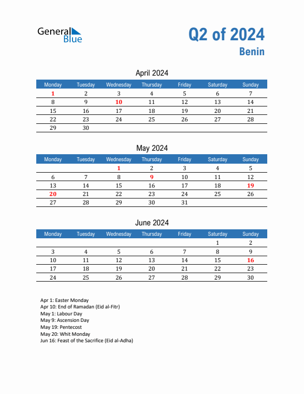 Benin Q2 2024 Quarterly Calendar with Monday Start