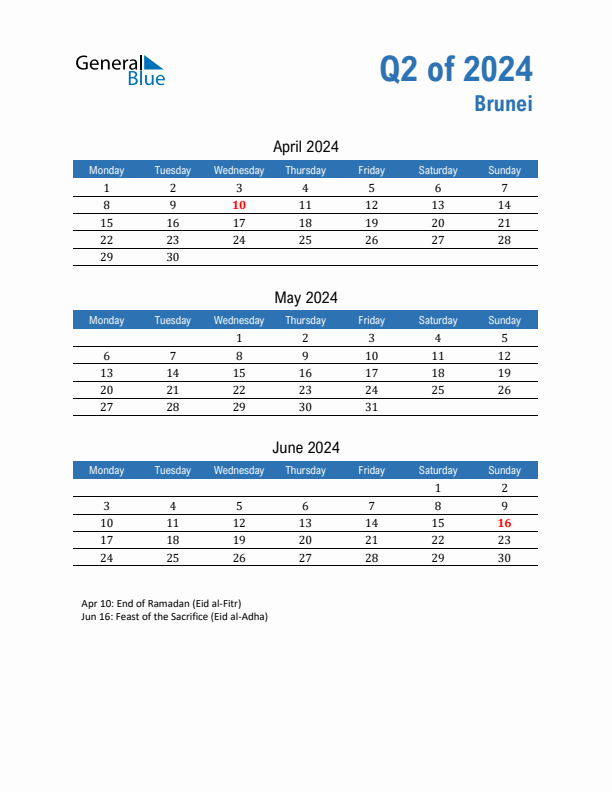 Brunei Q2 2024 Quarterly Calendar with Monday Start