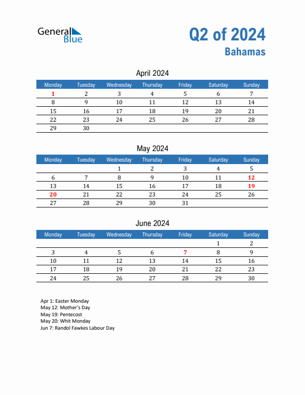 Bahamas Q2 2024 Quarterly Calendar with Monday Start