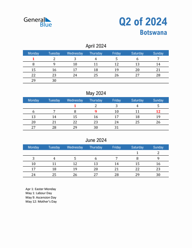 Botswana Q2 2024 Quarterly Calendar with Monday Start