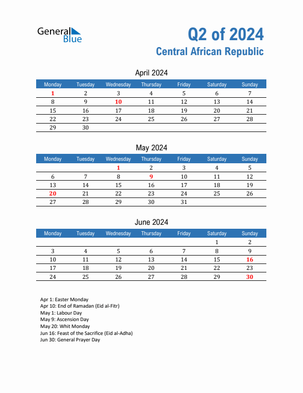 Central African Republic Q2 2024 Quarterly Calendar with Monday Start