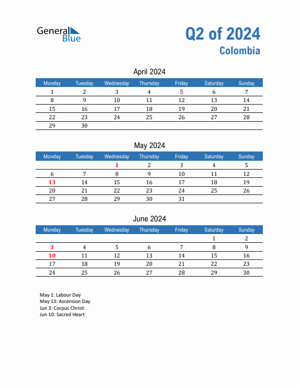 Colombia Q2 2024 Quarterly Calendar with Monday Start