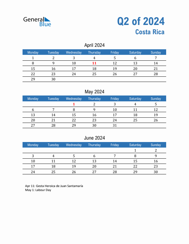 Costa Rica Q2 2024 Quarterly Calendar with Monday Start