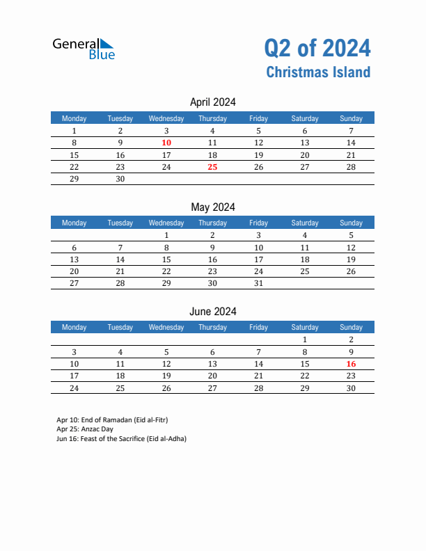 Christmas Island Q2 2024 Quarterly Calendar with Monday Start