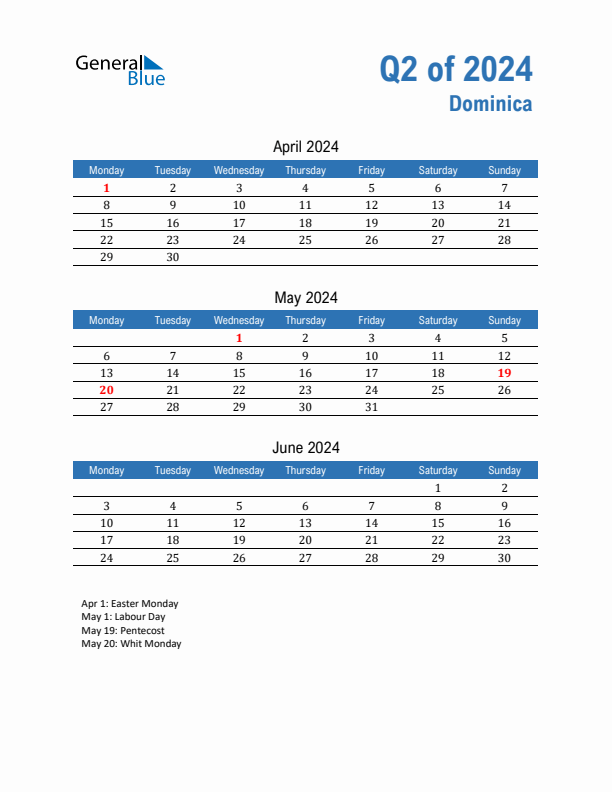 Dominica Q2 2024 Quarterly Calendar with Monday Start