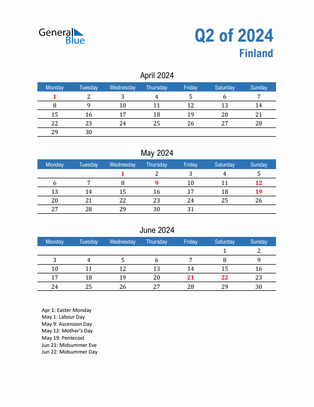 Finland Q2 2024 Quarterly Calendar with Monday Start