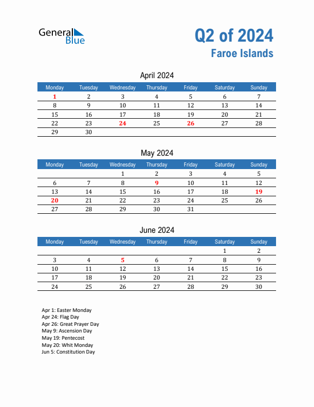 Faroe Islands Q2 2024 Quarterly Calendar with Monday Start