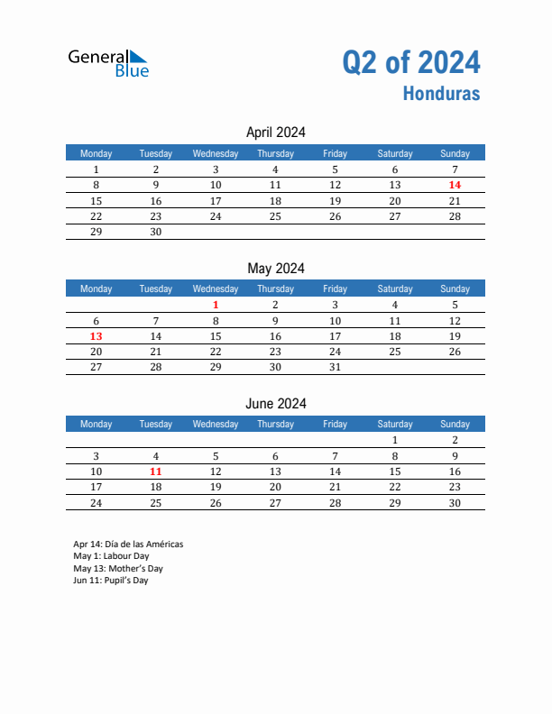 Honduras Q2 2024 Quarterly Calendar with Monday Start