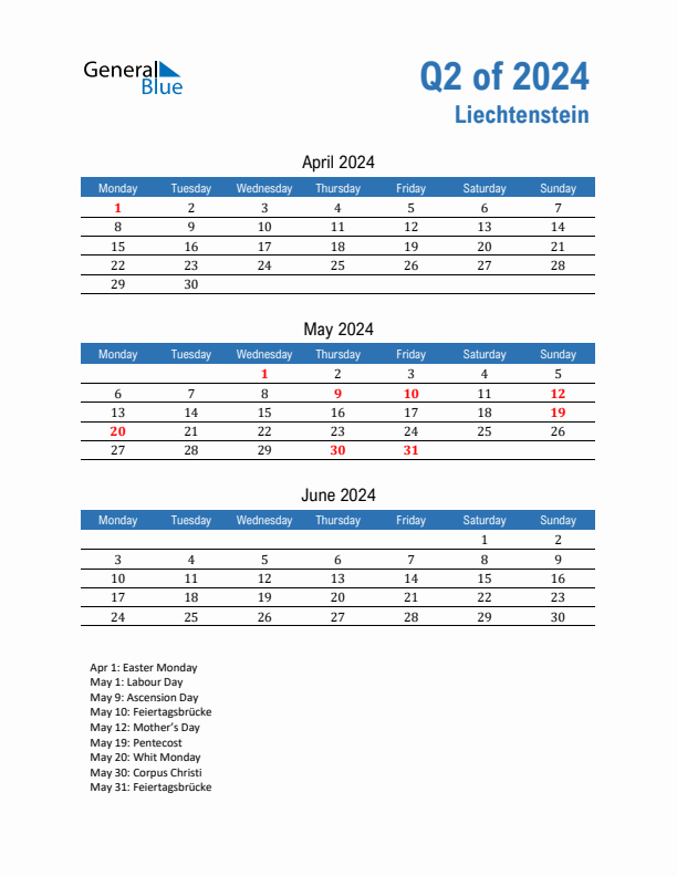 Liechtenstein Q2 2024 Quarterly Calendar with Monday Start