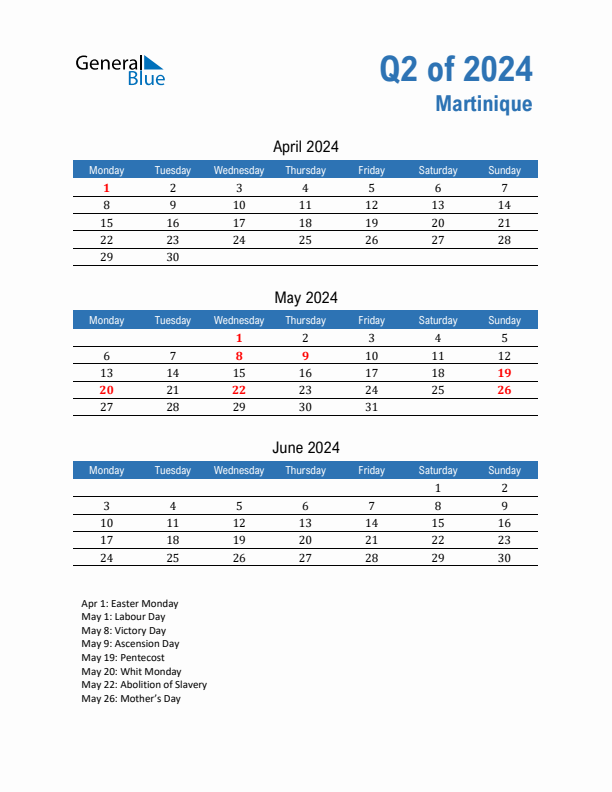 Martinique Q2 2024 Quarterly Calendar with Monday Start