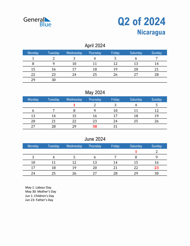 Nicaragua Q2 2024 Quarterly Calendar with Monday Start