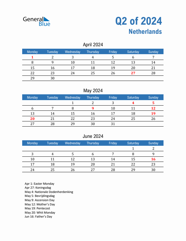 The Netherlands Q2 2024 Quarterly Calendar with Monday Start