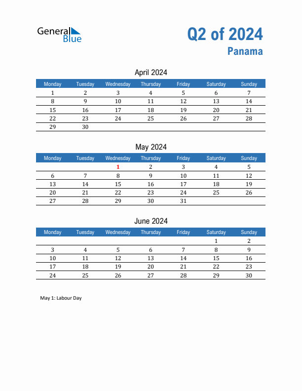 Panama Q2 2024 Quarterly Calendar with Monday Start