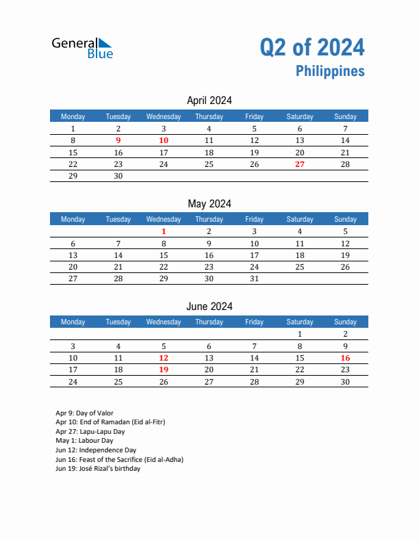 Philippines Q2 2024 Quarterly Calendar with Monday Start