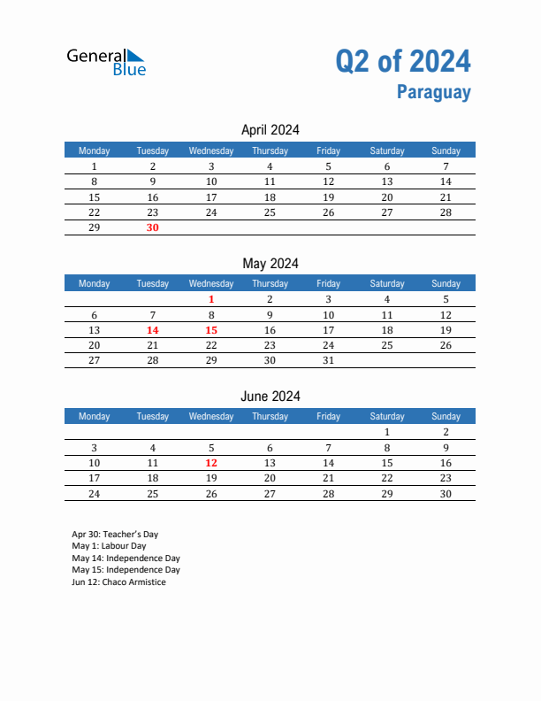 Paraguay Q2 2024 Quarterly Calendar with Monday Start