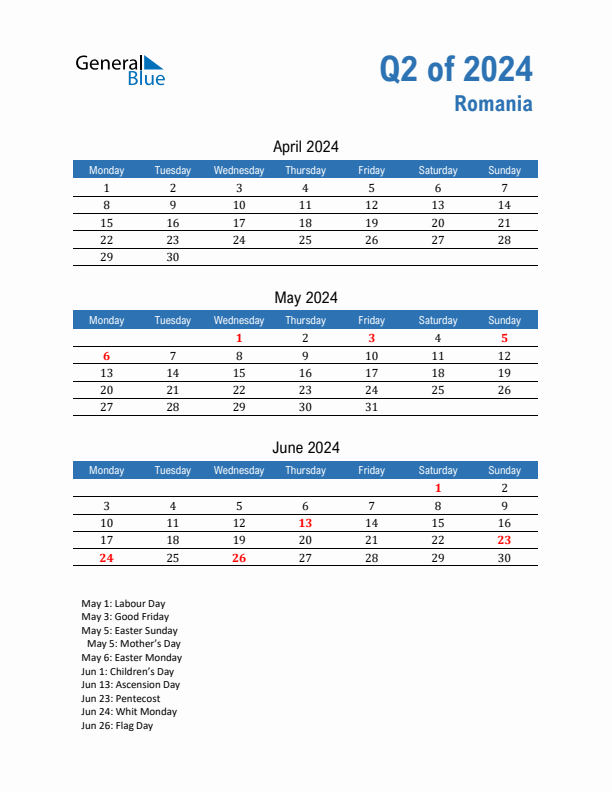 Romania Q2 2024 Quarterly Calendar with Monday Start