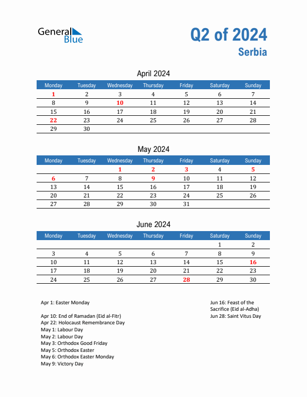 Serbia Q2 2024 Quarterly Calendar with Monday Start