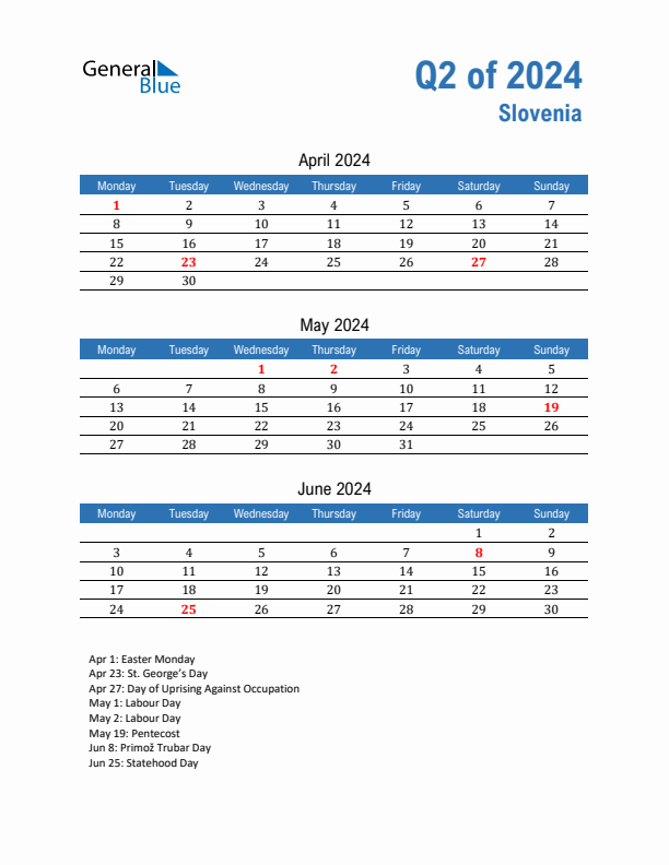 Slovenia Q2 2024 Quarterly Calendar with Monday Start