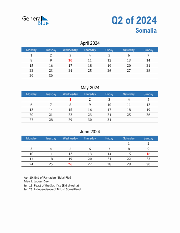 Somalia Q2 2024 Quarterly Calendar with Monday Start