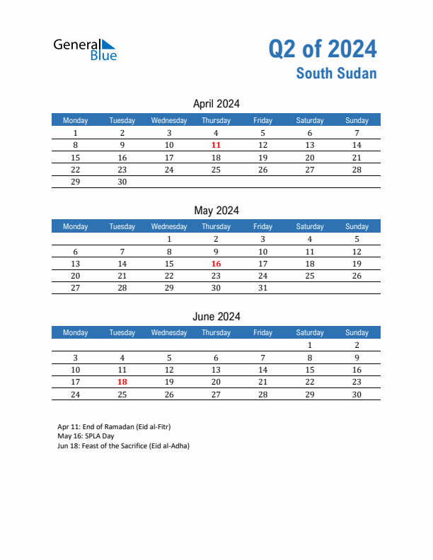 South Sudan Q2 2024 Quarterly Calendar with Monday Start