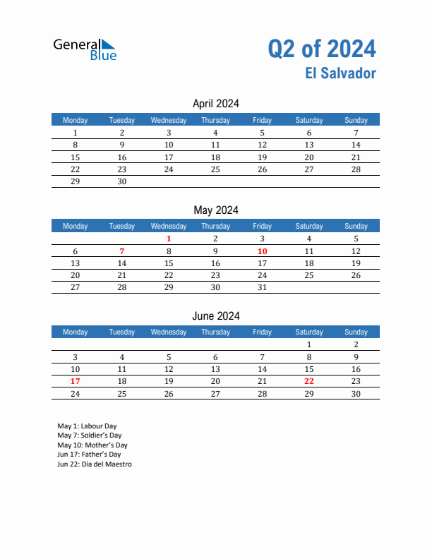 El Salvador Q2 2024 Quarterly Calendar with Monday Start